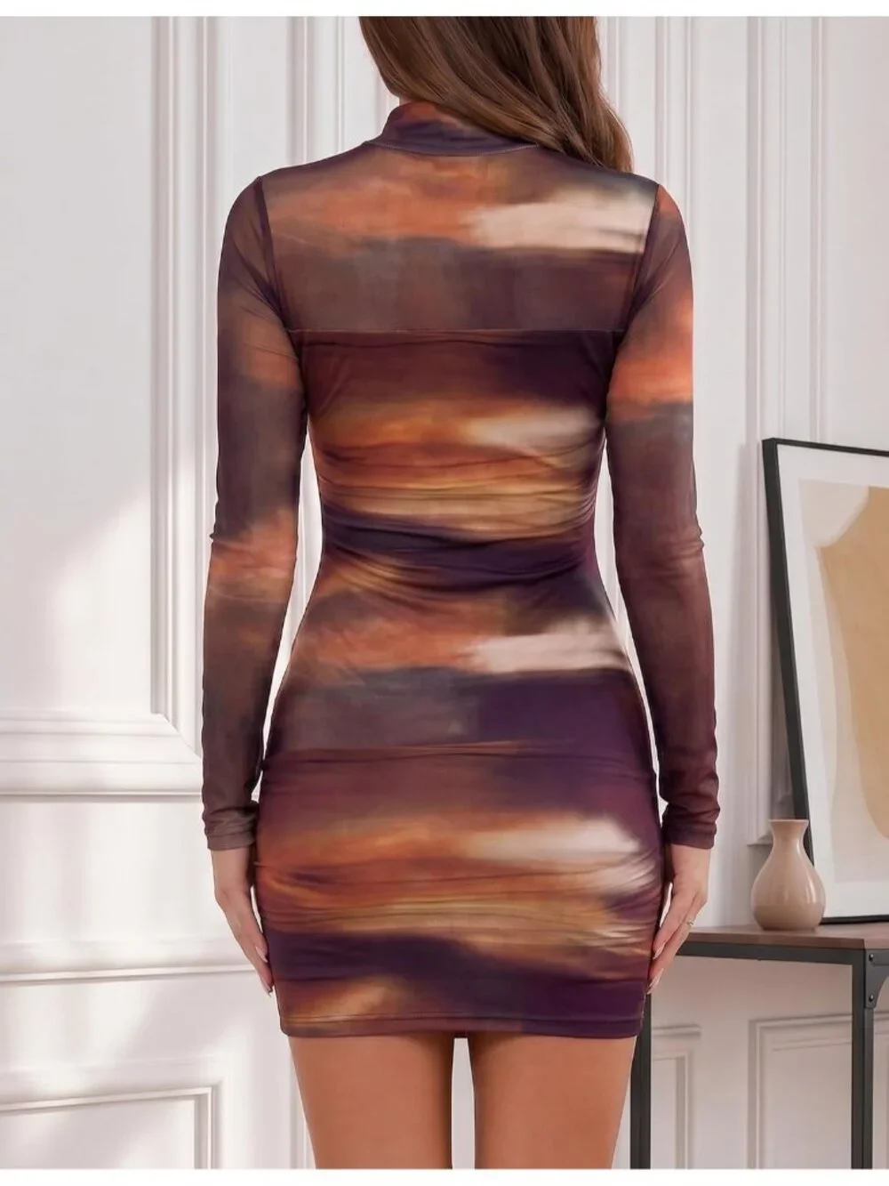 👗 Women's Brown2 Mesh Sheer Long Sleeves Dress Ruched Bodycon Mock Neck Dress